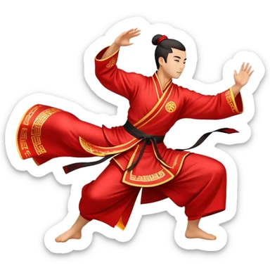 Emblem symbolizing Wushu martial arts. A graceful martial artist performs a dynamic kung fu pose, with flowing movements and a long, elegant robe. The background features stylized clouds and traditional Chinese symbols, representing fluidity, balance, and precision. Transparent background. sticker