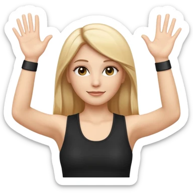 I want a white female dj animated gif emoji with long straight centre parting blonde hair putting hands up in the air. Wearing a black tight top with no sleeve sticker