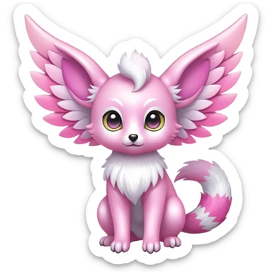 Shiny epic glittery iridescent divine white gold pink animal-fakemon-creature with head-ear-wings, cute, adorable, big eyes, fluffy tail sticker