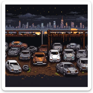 Pixel art junkyard at night, crushed cars, rusty metal, broken fence, flickering light, city lights far in the background, vertical 9:16 scene, side-view camera, retro arcade fighting stage
 sticker
