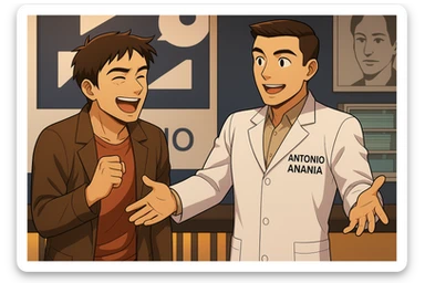  rappresenta un webtoon manga a colori con questo stile, in cui un uomo esclama una cosa entusiasta al kinesiologo con il camice bianco (fagli anche la scritta "ANTONIO ANANIA" SUL CAMICE), IL KINESIOLOGO lo aspetta a braccia aperte. l'espressione dell'uomo è felice e soddisfatta, non fare i fumetti però, fai solo in modo che sembri stiano parlando sticker