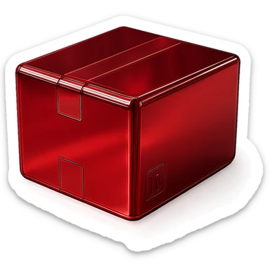 Add a specular layer with color #C31F3F to the chrome package box, keeping the metallic, shiny, modern look, and preserving the original shape and tape details. sticker