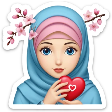 Turkish beautiful finish Konya girl blue eyes with cherry blossom flower design hijab and hold heart in her hand  sticker