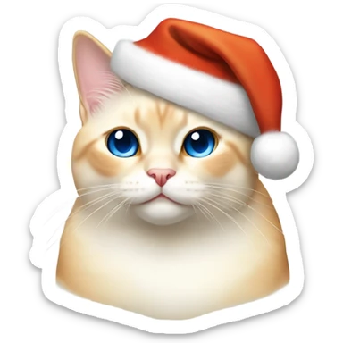 chubby fat, flame point Siamese, short fur, with white fur with orange accents, and blue eyes, smiling, wearing a red santa hat  sticker