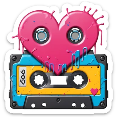 Colorful graffiti illustration of a realistic music cassette tape, a hand drawn heart shape filled in with color markers appears on the label of the tape. solid white background, with some paint spatter behind cassette  sticker