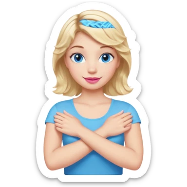 Girl Blonde short wavy hair,  blue eyes, cute blue top, long lashes, pink lips, smiling, making cross arms X with arms  sticker