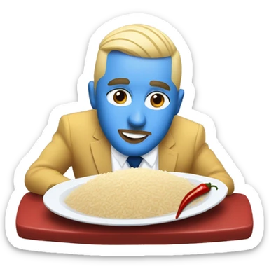 realism mac miller with a blonde comb over skin fade and blue eyes wearing a blue suit eating chilli with rice sticker