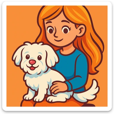 a cute white Maltese terrier with a pink nose sitting on the lap of a girl with long, blow-dried strawberry blond hair, brown eyes, delicate features, vibrant cartoon style sticker
