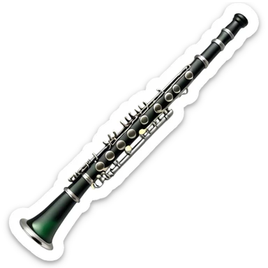 Create an elegant and refined emoji representing A clarinet. The design should showcase the sleek, black wood finish of the clarinet with its shiny metal keys and elegant detailing. Include the distinct, high-quality features of the Green Line model, such as the unique greenish tint of the wood, giving it a modern and sophisticated look. Add subtle elements like the mouthpiece with the reed, emphasizing its importance in sound production. Use dark tones like ebony, silver for the keys, and soft light reflections to evoke a professional, classical feel. The background should be transparent. sticker