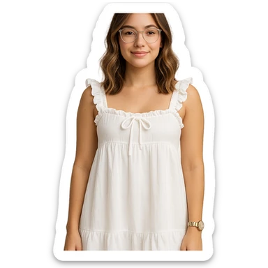 a young woman with soft waves of medium-length, highlighted hair, wearing clear eyeglasses and light natural makeup, dressed in a white, loose, ruffled babydoll dress with tied accents and frilled shoulder straps, standing confidently, smiling gently at the camera, one arm relaxed at her side, white painted nails, gold wristwatch, isolated on white background sticker