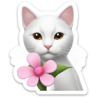 White cat holding a pink flower sticker