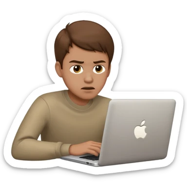 memoji of a man with a laptop in front, apple-style,modern,brown hair light skin ton and a bit frasturated sticker