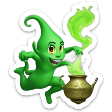 green genie coming out of a genie lamp, environmentally friendly, smoke sticker