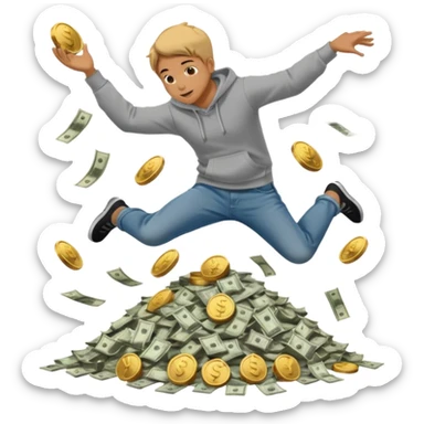 casually dress person in jeans and a hoody jumping into a pile of money sticker