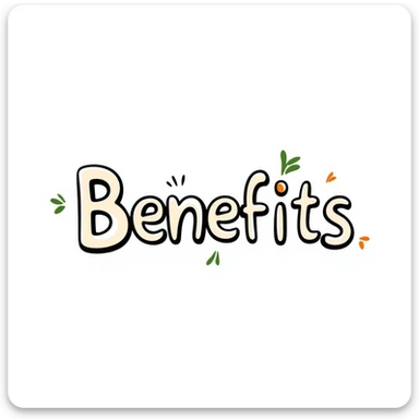 The word "Benefits" hand-drawn in white/cream colored text with just a few green and orange accents. Simple doodle style. sticker