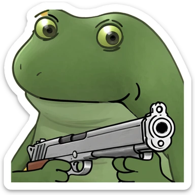 mob boss Italian frog holding a tommy gun, with a sly grin, taking tea sticker