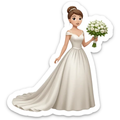 Chica blanca, cabello moreno, recogido en moño alto con mechones, vestido novia , cuerpo entero, ramo de flores en una mano, cola trasera sticker