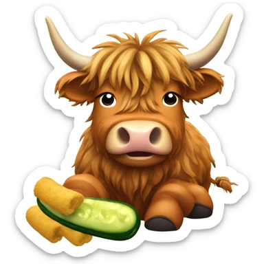 A highland cow eating a pickle while wearing flippers  sticker