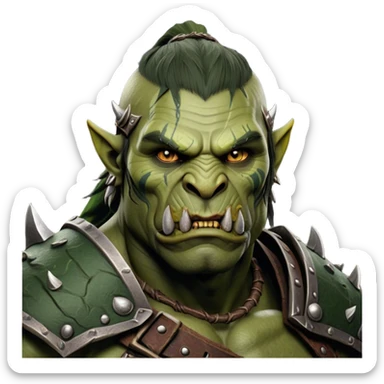 Cinematic Realistic WoW Orc Warrior Portrait, depicted with battle-scarred, rugged green skin and a powerful, muscular build that radiates primal strength. Clad in intricately detailed tribal armor accented with dark leather and iron embellishments in deep, earthy tones, his fierce eyes and determined expression exude honorable might. Rendered with lifelike texture and dramatic natural lighting, high shine, noble and formidable, capturing the essence of a legendary orc champion. sticker