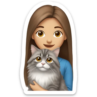  Chestnut brown straight hair girl holding fluffy Siberian gray cat  sticker