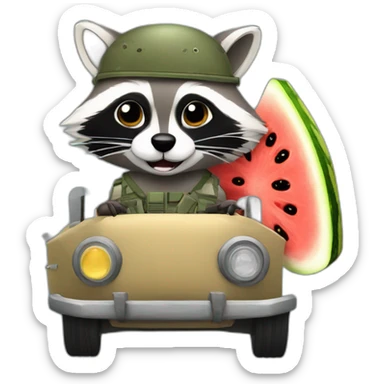A military raccoon with a watermelon at the wheel of a car sticker