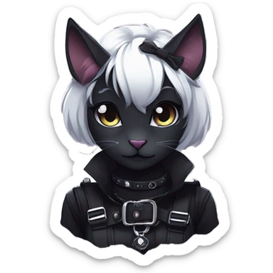 Gorgeous gothic dark techwear anime style anthro black cat furry with blushing face aesthetic and pretty edgy black with collar and harness trending style sticker