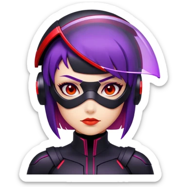 A futuristic assassin with a sleek black suit, short purple hair, and glowing red visor sticker