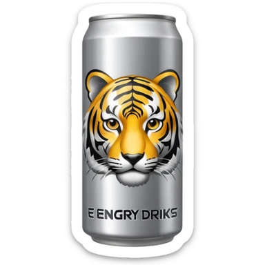 energy drink with with silver background color and a tiger on it also have sign and written as like energy drinks sticker
