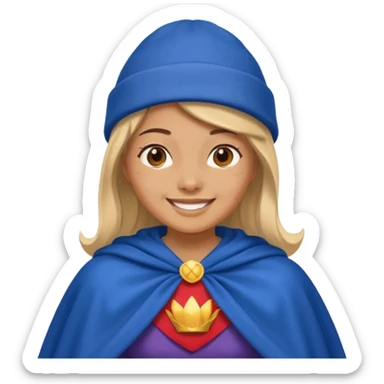 Female hero in blue beanie, cape flowing, smiling proudly.


































 sticker