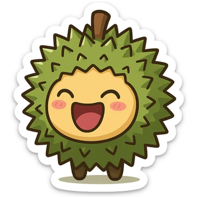 cute chibi round durian character, green spiky shell, yellow flesh, laughing, eyes closed, mouth wide open, kawaii style, full-body sticker