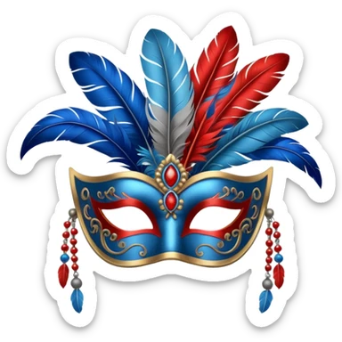 masquerade mask grey with blue and red feathers sticker