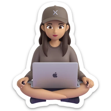 A professional 3D avatar of a young woman with olive skin and long, dark brown hair, wearing a dark, long-sleeved dark taupe shirt and a black baseball cap. She's sitting at a sleek wooden desk, typing on a silver MacBook. sticker
