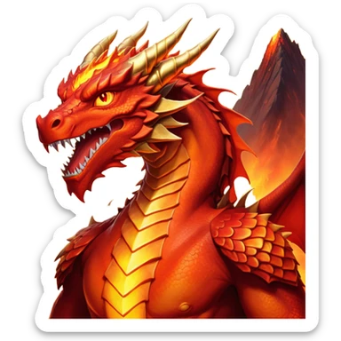 cinematic-noble-fierce-fire-dragon-portrait-emoji,-poised-and-imposing,-with-a-muscular,-scaled-body-ablaze-in-fiery-hues-of-crimson,-molten-orange,-and-molten-gold,-and-intense,-burning-eyes-that-mirror-the-heart-of-a-volcano;-rendered in detail sticker