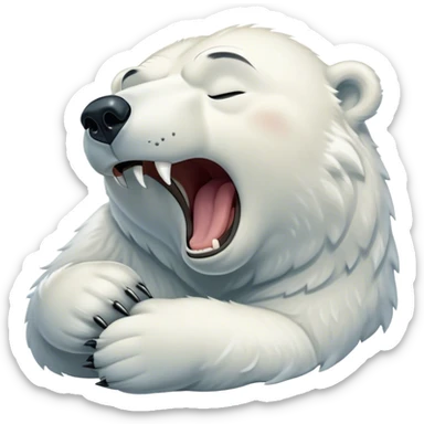 Cinematic Cute Yawning Polar Bear Portrait Emoji, Head tilted slightly with a dramatic, wide-open yawn, showcasing luxuriously thick fur and sleepy, half-closed eyes radiating drowsy contentment, Simplified yet irresistibly adorable features, highly detailed, glowing with a soft, cozy polar light, high shine, relaxed yet expressive, stylized with a dash of whimsical arctic charm, soft glowing outline, capturing the essence of a drowsy yet affectionate guardian that seems ready to stretch out for a nap! sticker