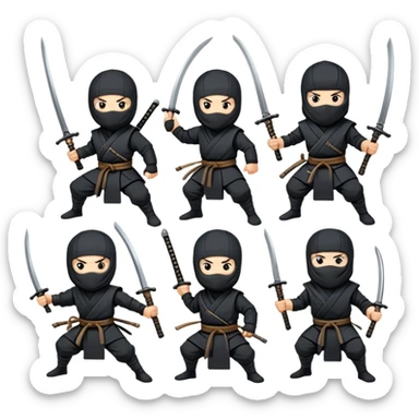 Ninjas with different types of weapons: seryuken, stars, nunchucks, swords, spears, sickles sticker