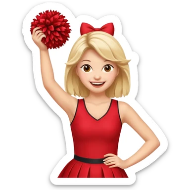 football cheerleader, holding big cheering pom, red dress sticker