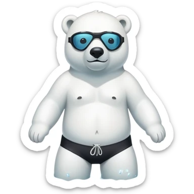 friendly anthropomorphised polar bear standing in a puddle of water, wearing board shorts, scuba mask over eyes, swimming armbands sticker