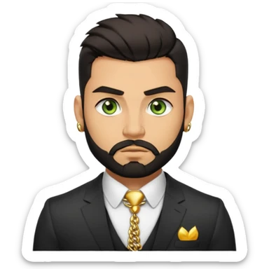 green eyes, dark short hair, muscular shoulders, gold chain, big lips big nose big eyes, masculine good looking, dark beard wearing a suit buttons of the shirt open and olive skin tone  sticker