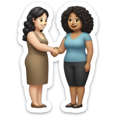 tan chubby woman with black curly hair shakes hands with a chubby pale woman who has straight light brown hair sticker