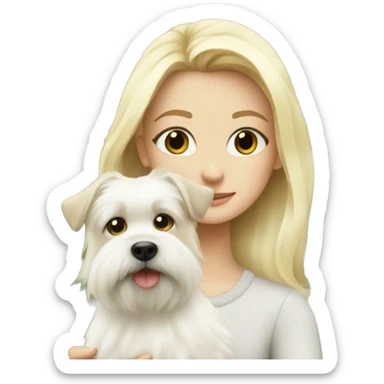 blonde girl with white fluffy dog near Christmas tree sticker