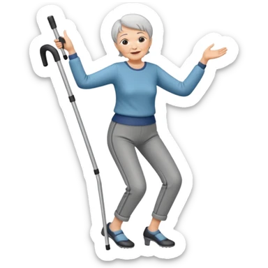 old woman with short hair, dressed with pants,  dancing with crutches sticker
