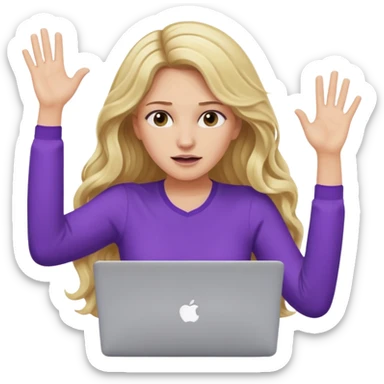 lady with long blonde wavy hair, purple top throwing her with a laptop looking exhausted sticker
