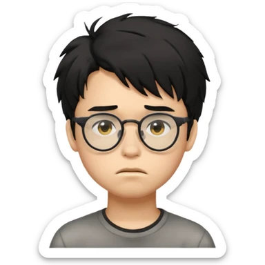 
young boy, 18 years old, messy black hair, glasses, sad face emoji sticker