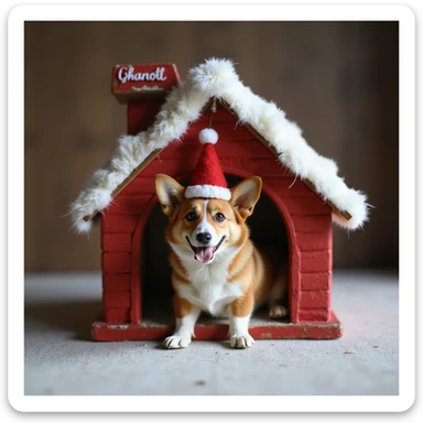 realistic red dog house with a Corgi dog inside, Corgi with a Santa hat, photorealistic style sticker