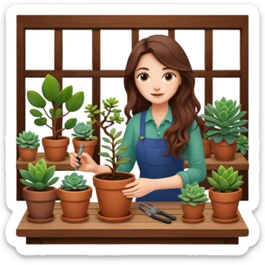 
Close-up of a woman with long, wavy brown hair planting a seedling in a pot. Surrounding her are plants and succulents with vibrant leaves and flowers. Sunlight filters through the window, casting soft shadows. A cozy interior space with gardening tools on a wooden table. sticker