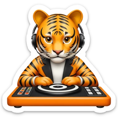 Un tigre enfadado con una mesa de dj . Lo quiero más profesional con unos audífonos y cara de astuto  sticker