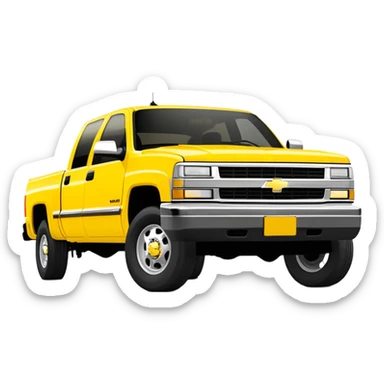 Iconic yellow 1997 Chevrolet C-2500 Crew Cab Silverado from Tarantino's Kill Bill, 30-degree perspective showing front and side, vibrant yellow paint job, minimalist style, iOS emoji sticker