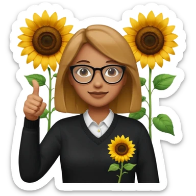 Make my biology teacher shes light brown, wears glasses, female, fat, all black sweater down and sunflower shirt under and make her give 1 thumbs up sticker