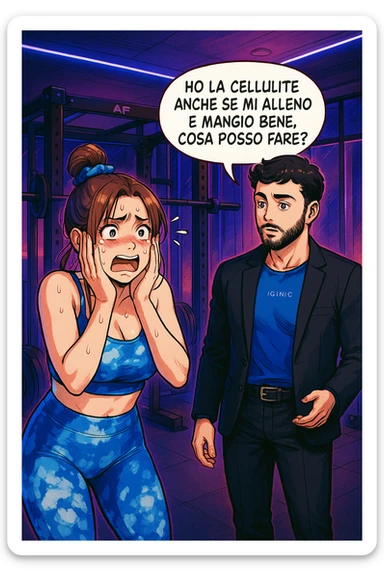 TRASFORMA QUESTO CAROSELLO IN UN FUMETTO STILE WEBTOON/MANGA A COLORI CON QUESTE DUE PERSONE IDENTICHE CHE INTERLOQUISCONO TRA LORO, LA DONNA è DISPERATA CON LE MANI SULLE GUANCE E STA DOMANDANDO TUTTA AGITATA UNA COSA ALL'UOMO:

LEI (DONNA): Ho la cellulite anche se mi alleno e mangio bene, cosa posso fare? sticker