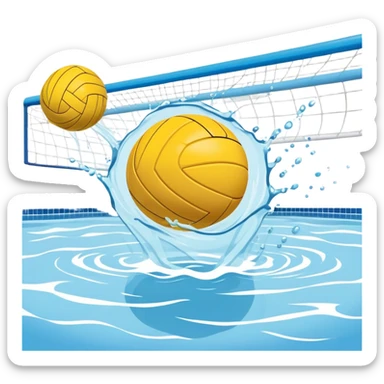 An icon featuring a yellow water polo ball floating on the water with goals in the background, inside a swimming pool. The design includes splashes and ripples, symbolizing the fast-paced action and strategy of water polo. Transparent background highlights. sticker